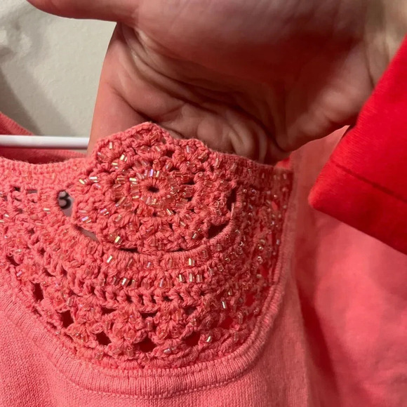 Vtg Joseph A Womens Coral Blouse M Crochet Beaded Coastal Grandmother Knit - Picture 5 of 6